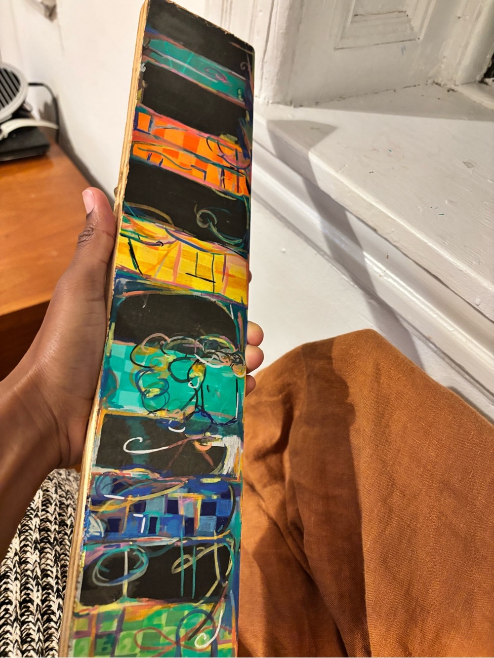 Hand-Painted Abstract Wall Art Panel in Teal, Yellow & Black